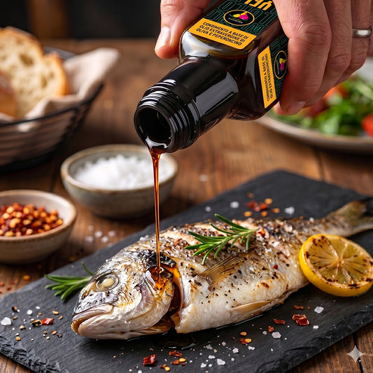 Olio piccante versato su un pesce alla griglia.