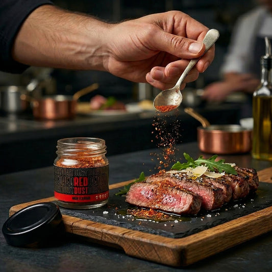 Peperoncino in polvere Habanero usato come condimento su una tagliata di manzo