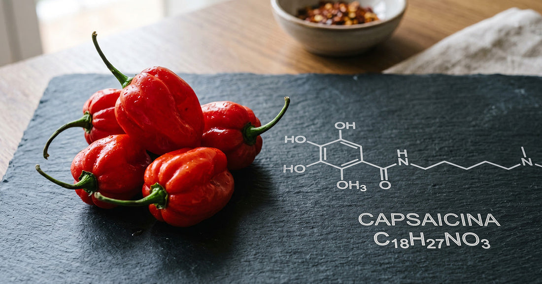 Peperoncini rossi freschi appoggiati su una lavagna in ardesia con la formula chimica della capsaicina.