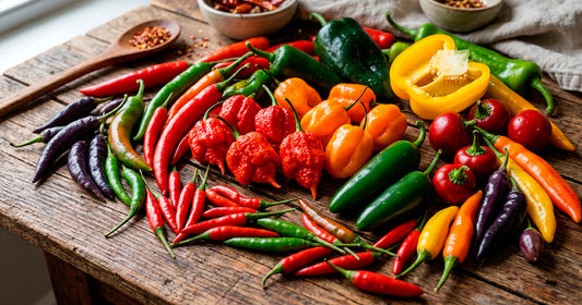 assortimento colorato e abbondante di peperoncini freschi e peperoncini secchi interi e in scaglie