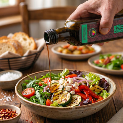 Olio al peperoncino Cayenna versato su un piatto di verdure