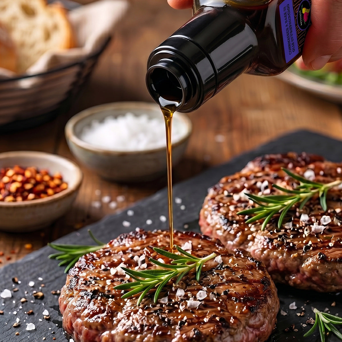 Olio piccante al peperoncino Carolina Reaper versato su degli hamburger