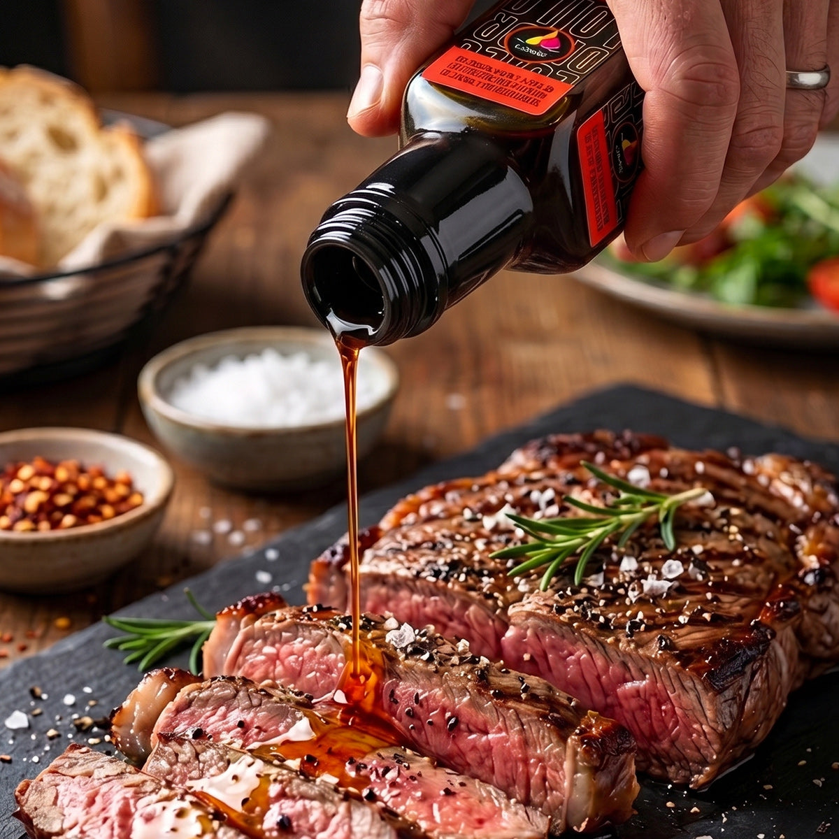 Olio piccante al peperoncino habanero versato su una tagliata di manzo