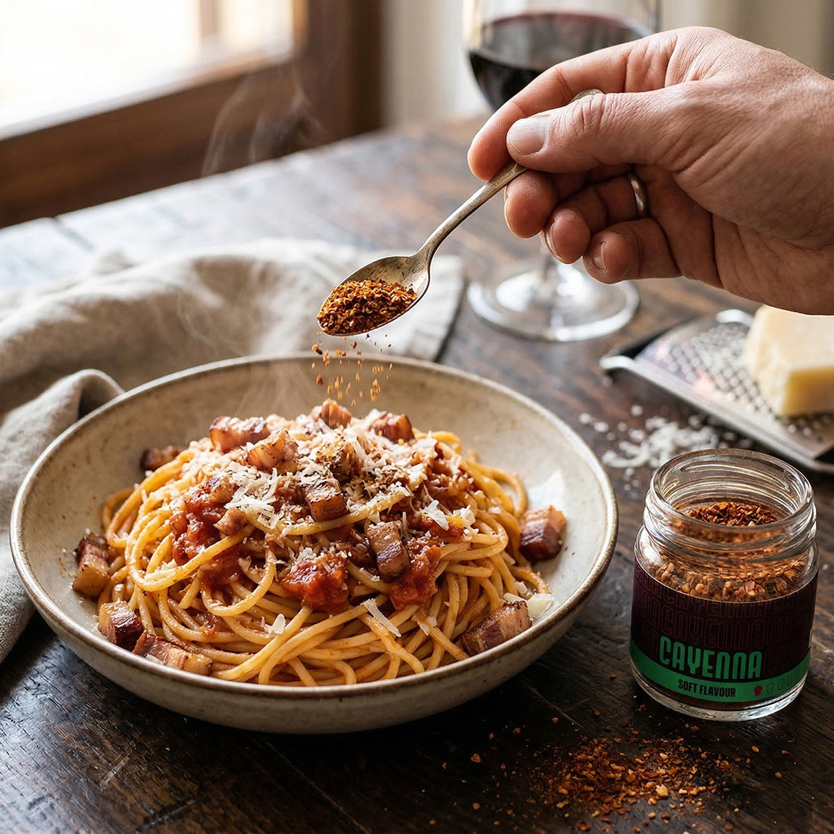 Peperoncino in polvere Cayenna usato come condimento su un piatto di spaghetti all'Amatriciana